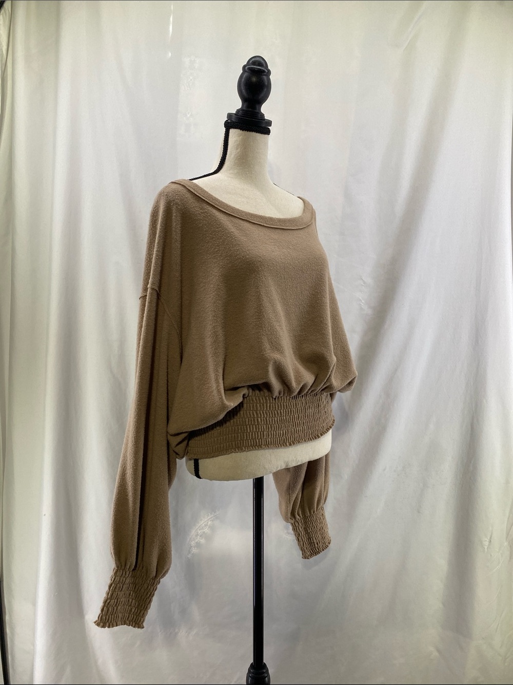WE THE FREE Taupe Off‑Shoulder Smocked Hem Long Sleeve Sweater—L - Picture 3 of 15